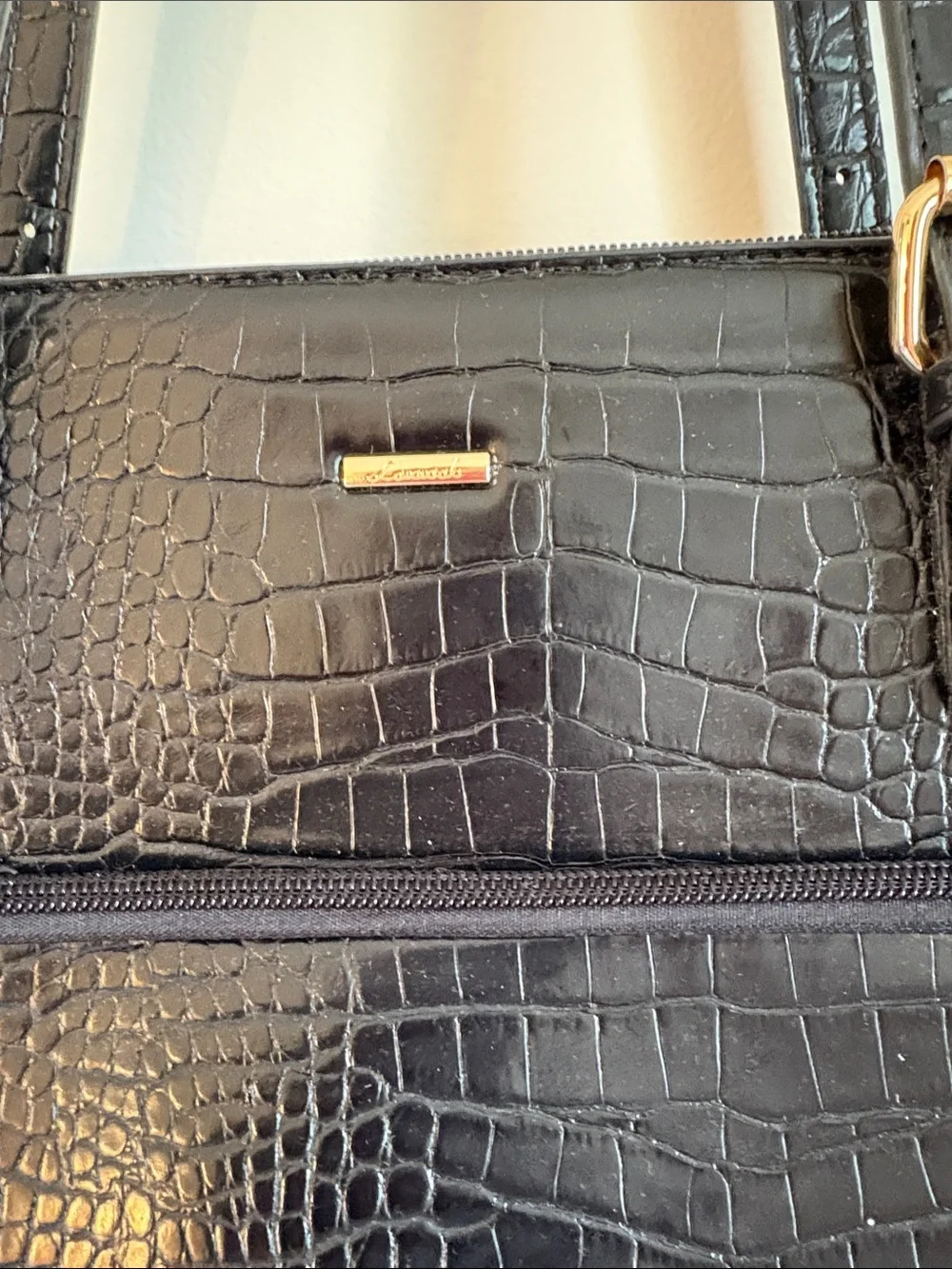 Black Croc-Embossed Laptop Tote with Front Zip Compartment